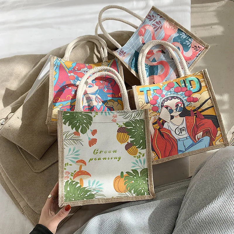 Cartoon Canvas Lunch Bag for Women, Portable Office Worker Tote HandBag