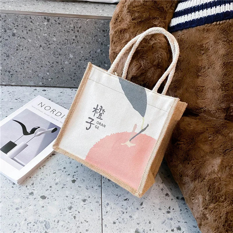 Cartoon Canvas Lunch Bag for Women, Portable Office Worker Tote HandBag