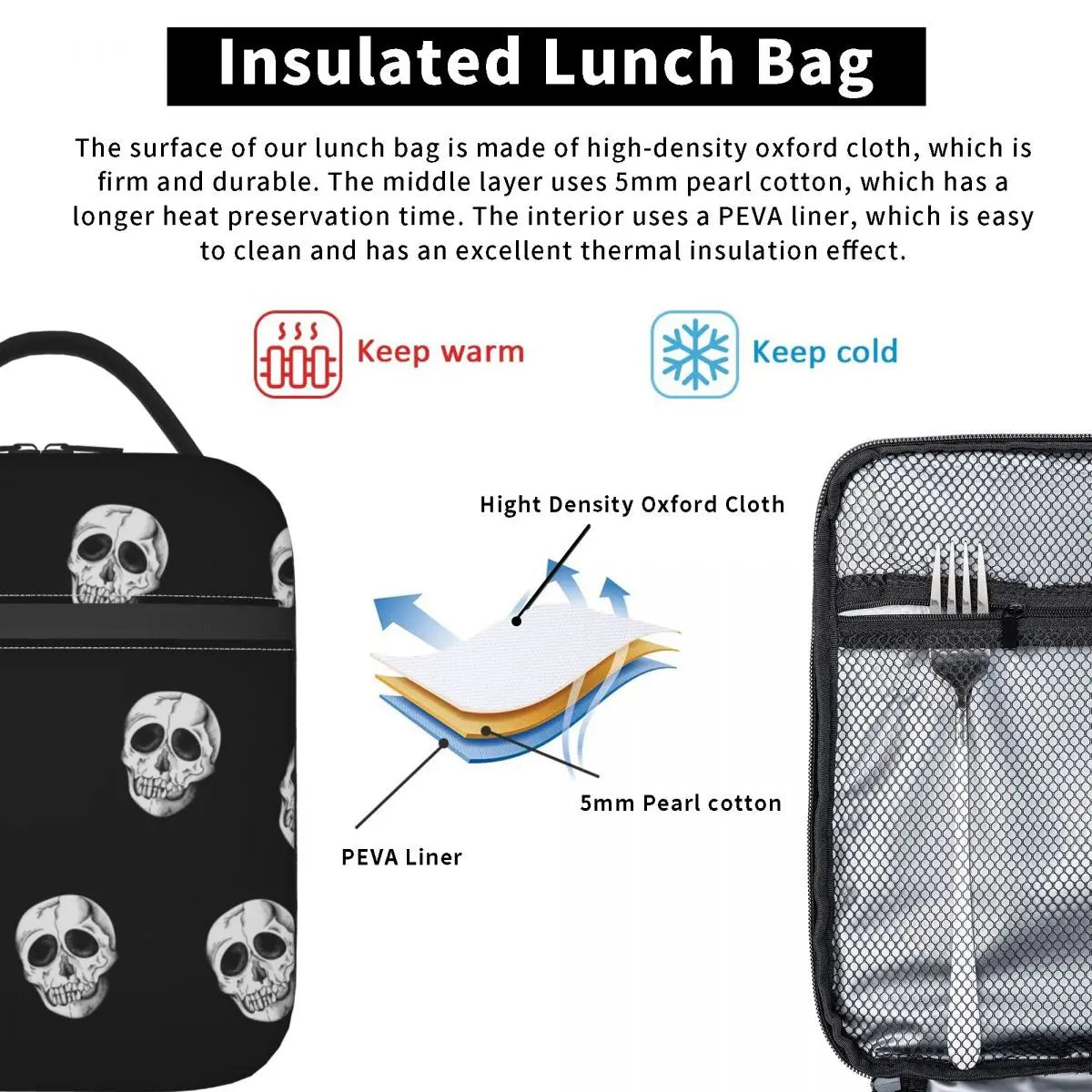 Vintage Skull Lunch Bag, Insulated Cooler Handbag