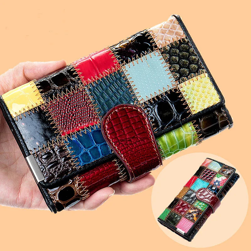 Leather Women Clutch Wallet Patchwork Real Leather Long Purse Phone Pocket