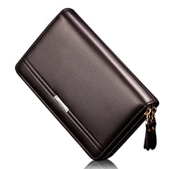 Men Clutch Bag Long Wallet Leather Double Zip Business Purse Brown