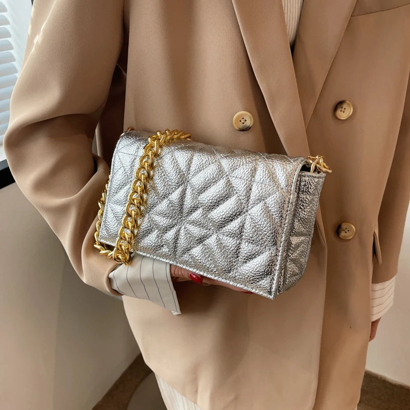 Silver Leather Chain Shoulder Bag for Women