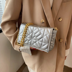 Silver Leather Chain Shoulder Bag for Women