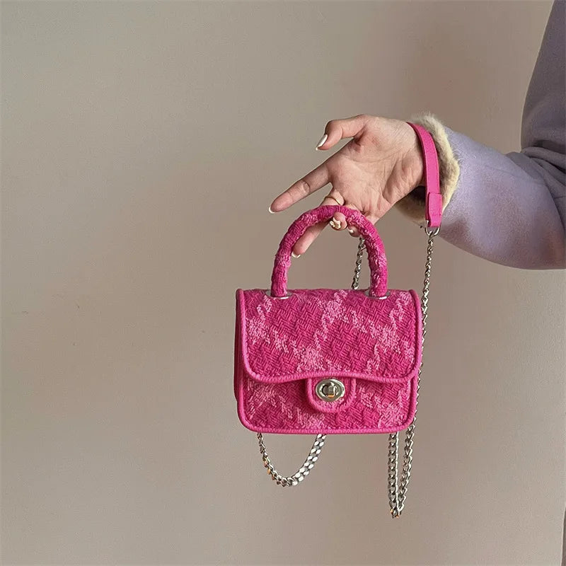 Luxury Lock Buckle Woolen Diamond Plaid Chain Small Square Bag