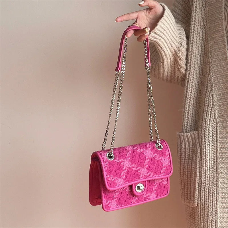Luxury Lock Buckle Woolen Diamond Plaid Chain Small Square Bag
