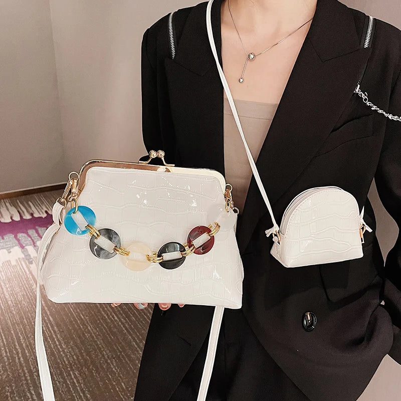 Stone Pattern Crossbody Bag Set Wallet Chain Small Shoulder Bag Shell