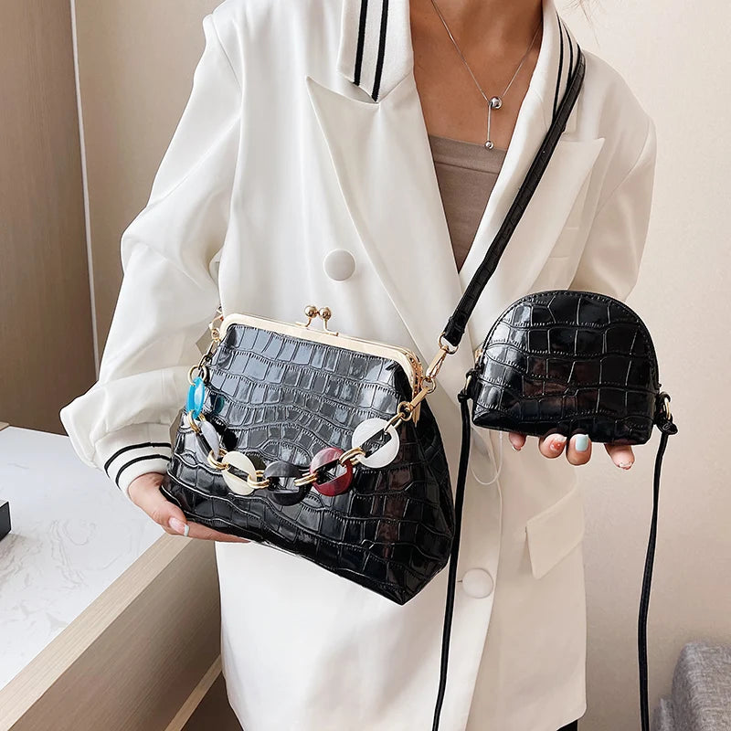 Stone Pattern Crossbody Bag Set Wallet Chain Small Shoulder Bag Shell