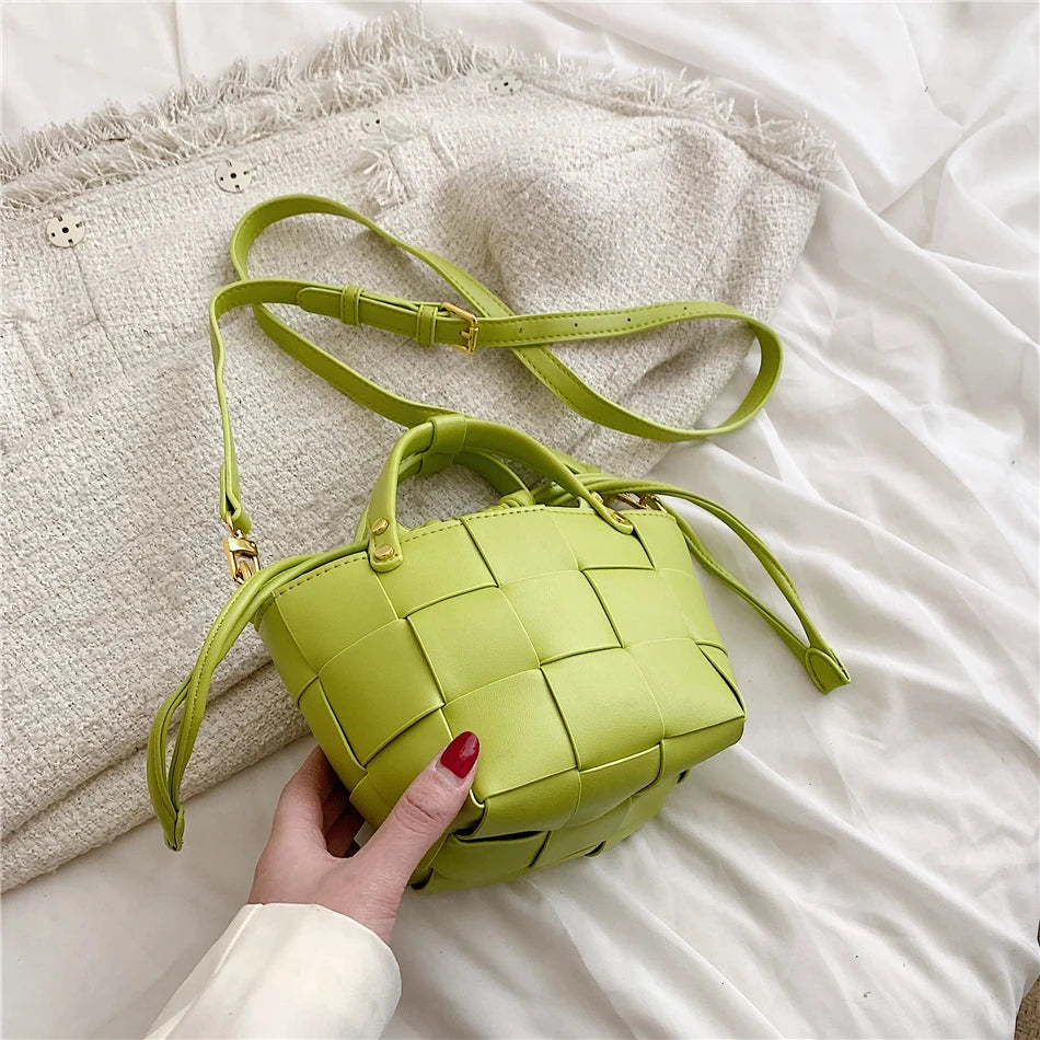 Women's Weave PU Leather Bucket Bag Shoulder Crossbody Totes