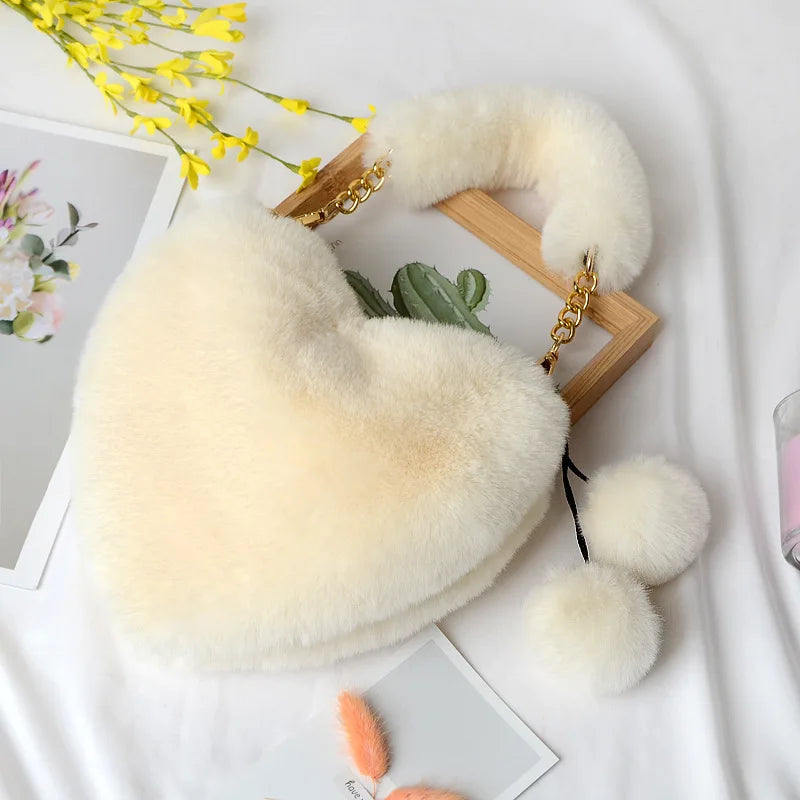 Faux Fur Heart-shaped Small Handbag Chain Shoulder Bag