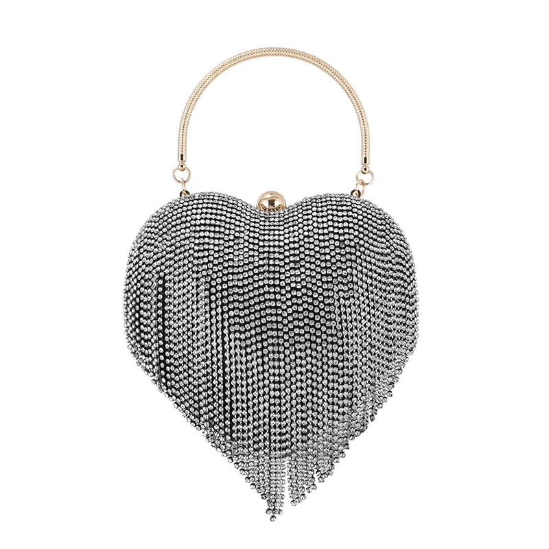 Rhinestone Heart Pattern Silver Clutch Evening Bag