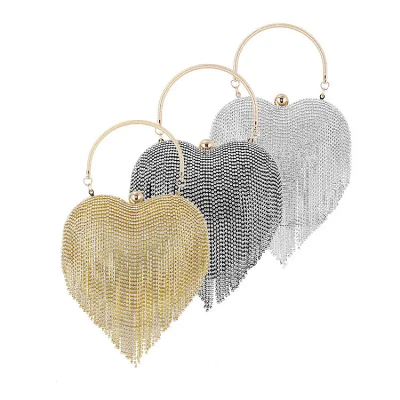 Rhinestone Heart Pattern Silver Clutch Evening Bag