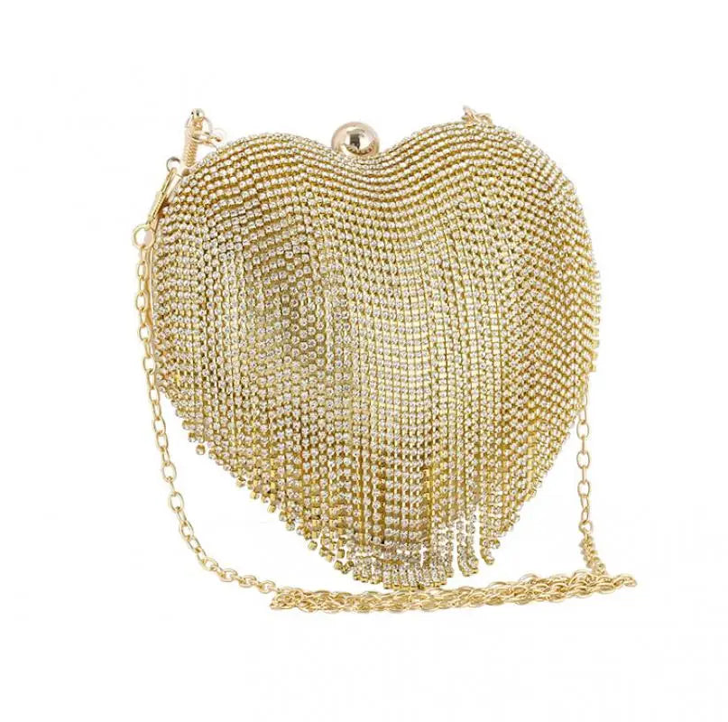 Rhinestone Heart Pattern Silver Clutch Evening Bag