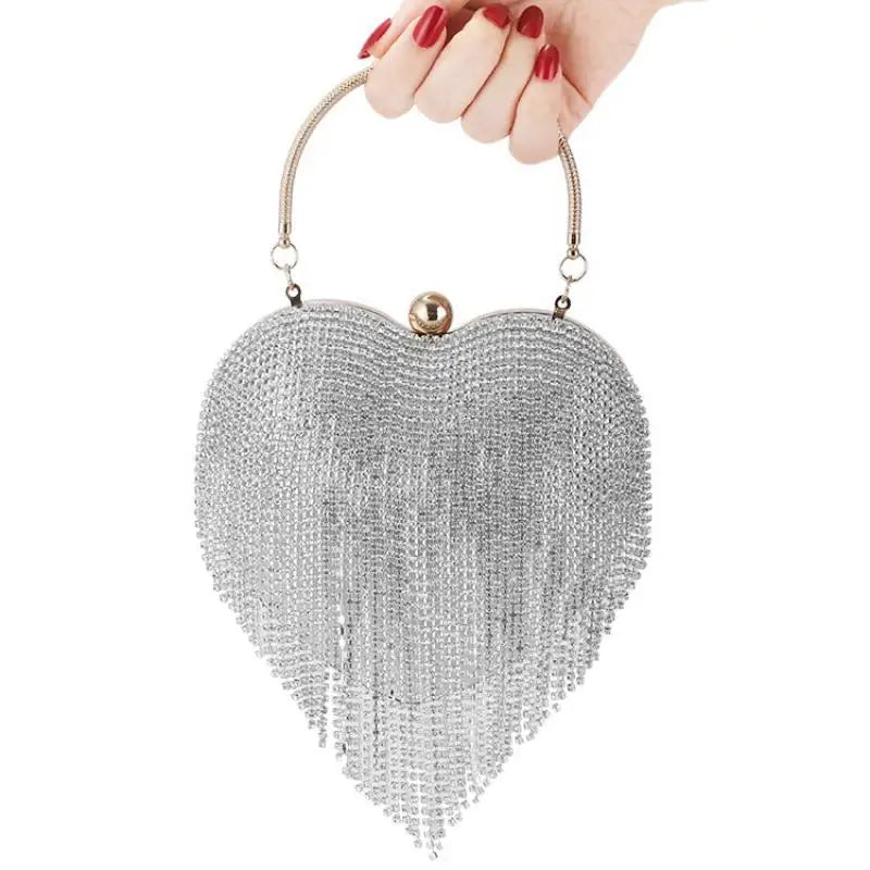 Rhinestone Heart Pattern Silver Clutch Evening Bag