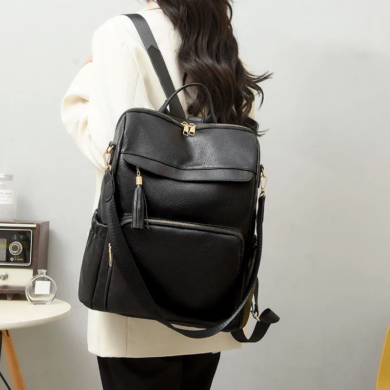 Vintage PU Leather Backpack Women Shoulder Bag High Capacity Travel School Bags