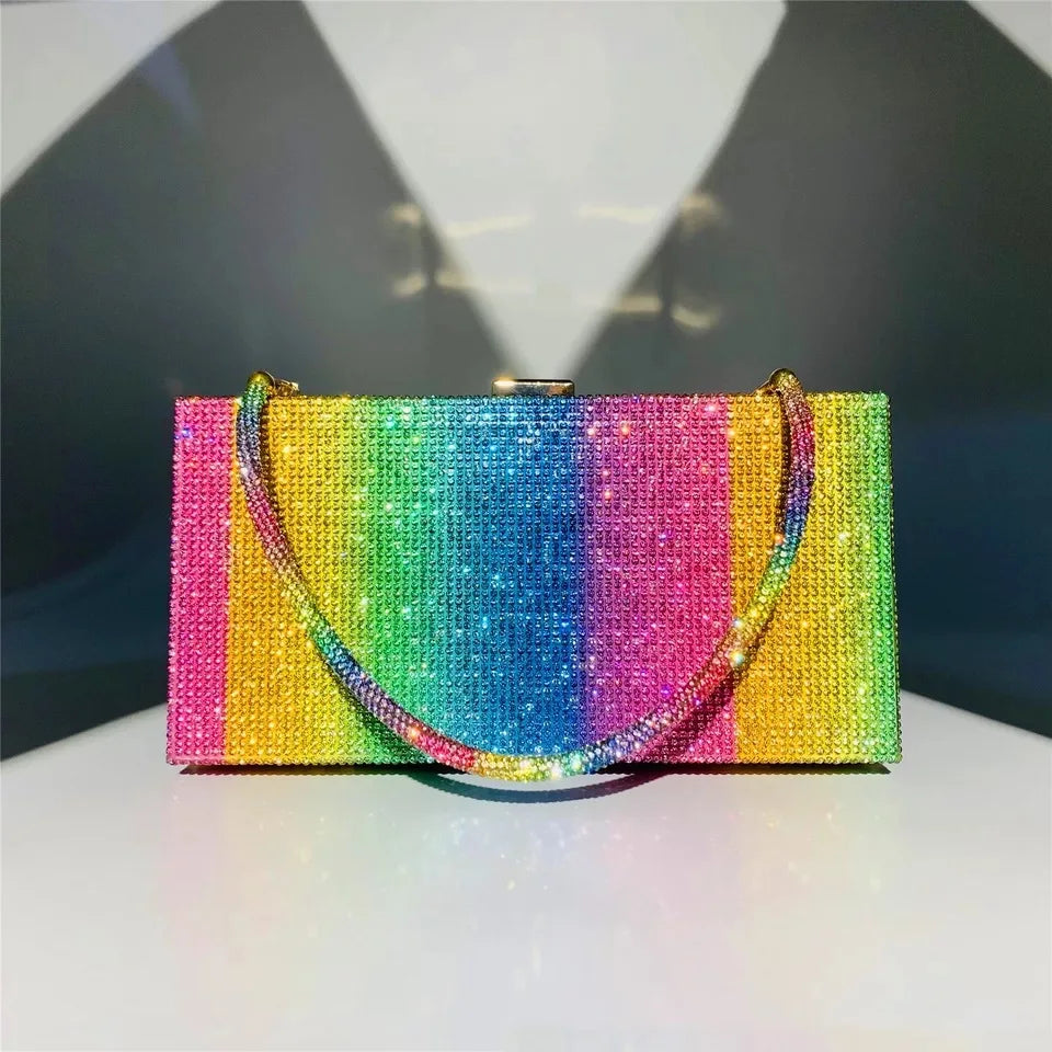 Rainbow Diamonds Evening Bag Plaid Women's Handbag Rhinestone Purse