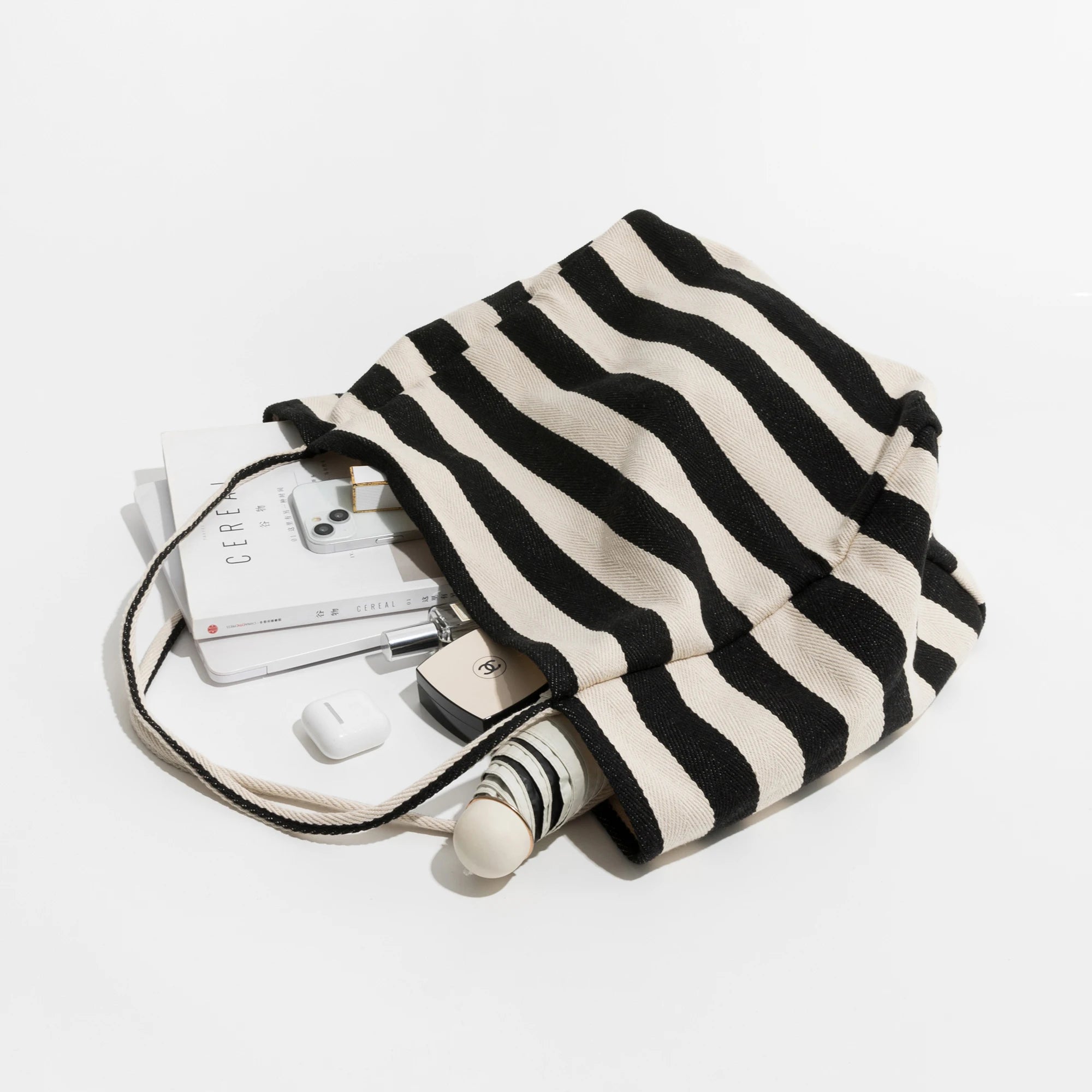 Large Capacity Cotton Shoulder Bag with Striped Pattern