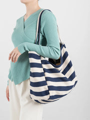 Large Capacity Cotton Shoulder Bag with Striped Pattern