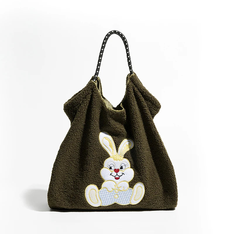Rabbit Print Faux Fur Shoulder Bag Large Capacity Tote Female Purse
