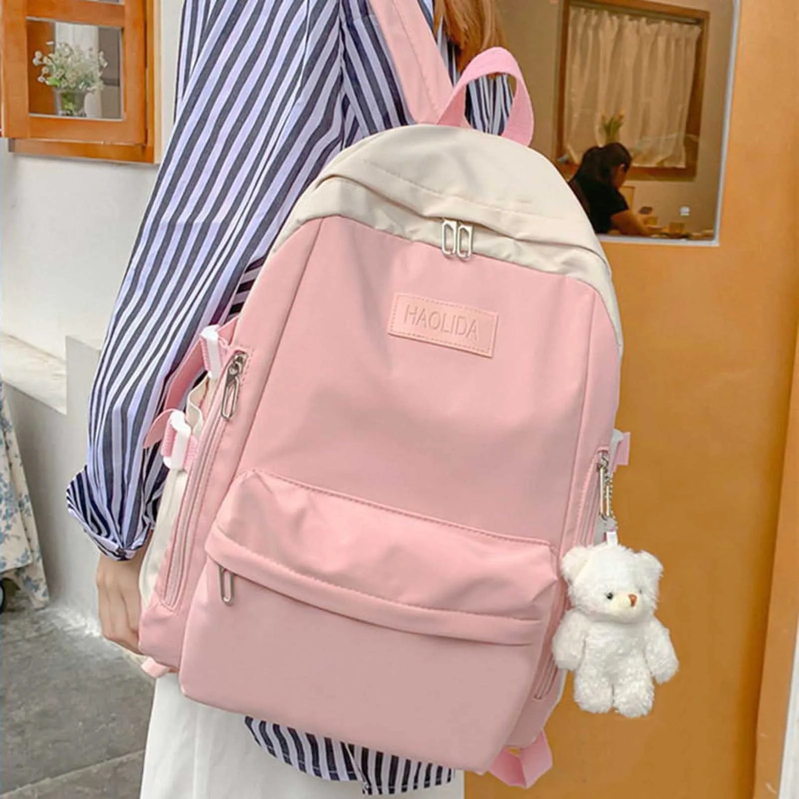 Nylon School Backpack for Women Solid Color Waterproof Daily Bag