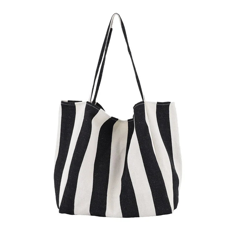Casual Canvas Tote Handbag Large Shoulder Bag Striped Canvas Shopper Bags