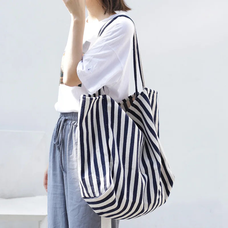 Casual Canvas Tote Handbag Large Shoulder Bag Striped Canvas Shopper Bags