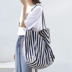 Casual Canvas Tote Handbag Large Shoulder Bag Striped Canvas Shopper Bags