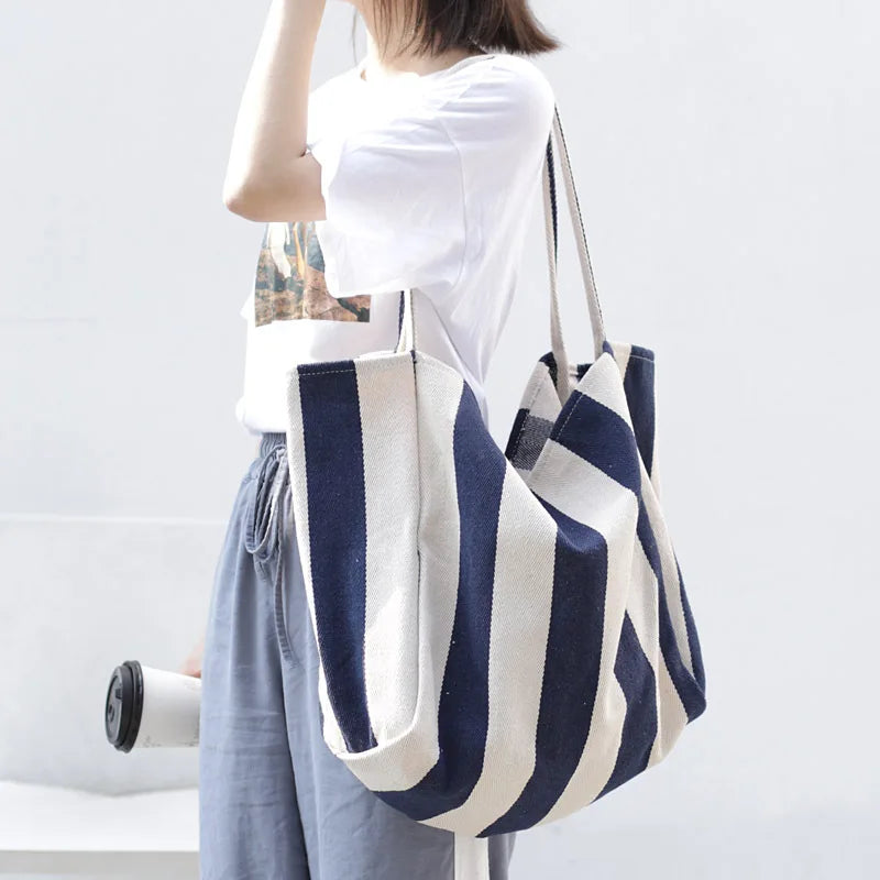 Casual Canvas Tote Handbag Large Shoulder Bag Striped Canvas Shopper Bags