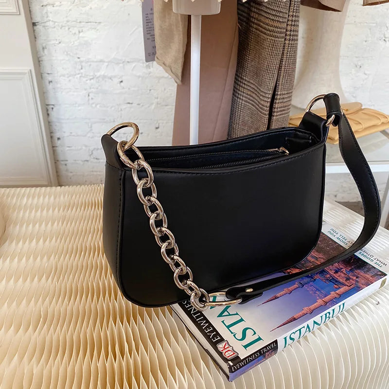 Chain Shoulder Bag PU Leather Women Handbag Solid Underarm Bags