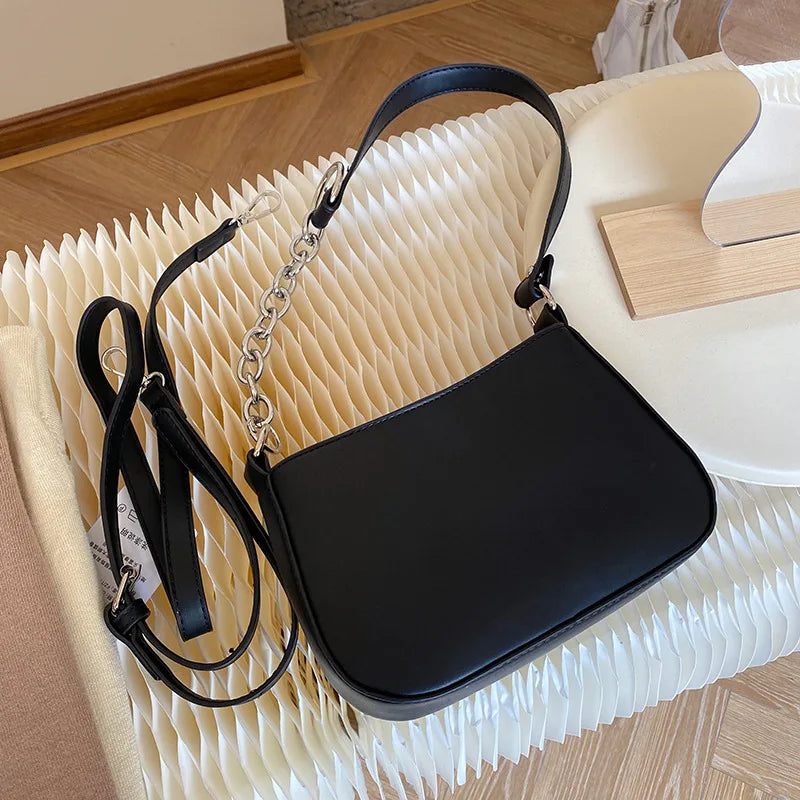 Chain Shoulder Bag PU Leather Women Handbag Solid Underarm Bags