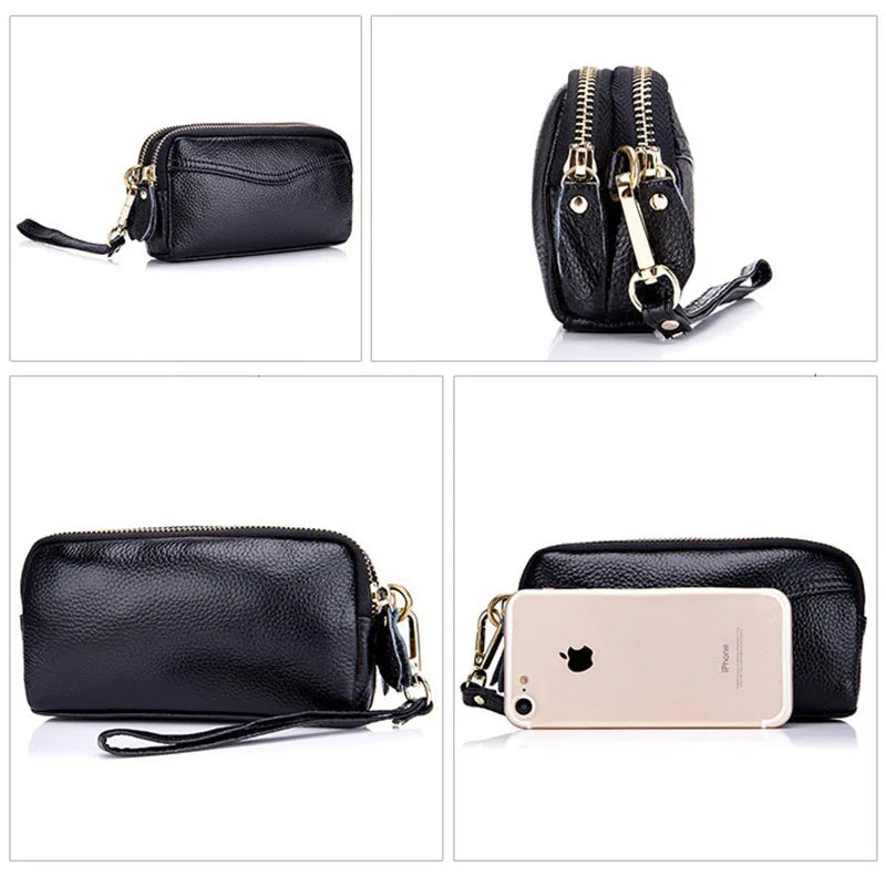 Women Leather Clutch Bag Double Zipper Solid Cow Leather Clutch