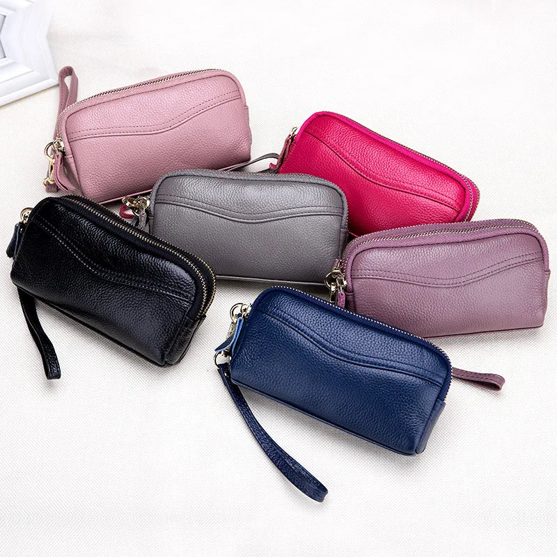 Women Leather Clutch Bag Double Zipper Solid Cow Leather Clutch