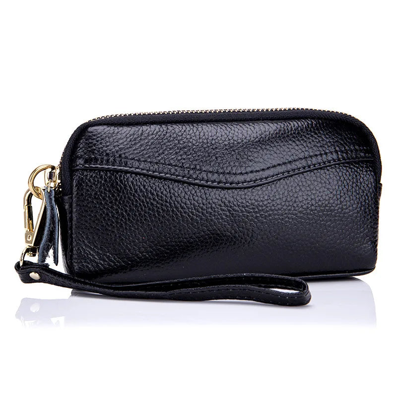 Women Leather Clutch Bag Double Zipper Solid Cow Leather Clutch