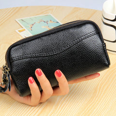 Women Leather Clutch Bag Double Zipper Solid Cow Leather Clutch