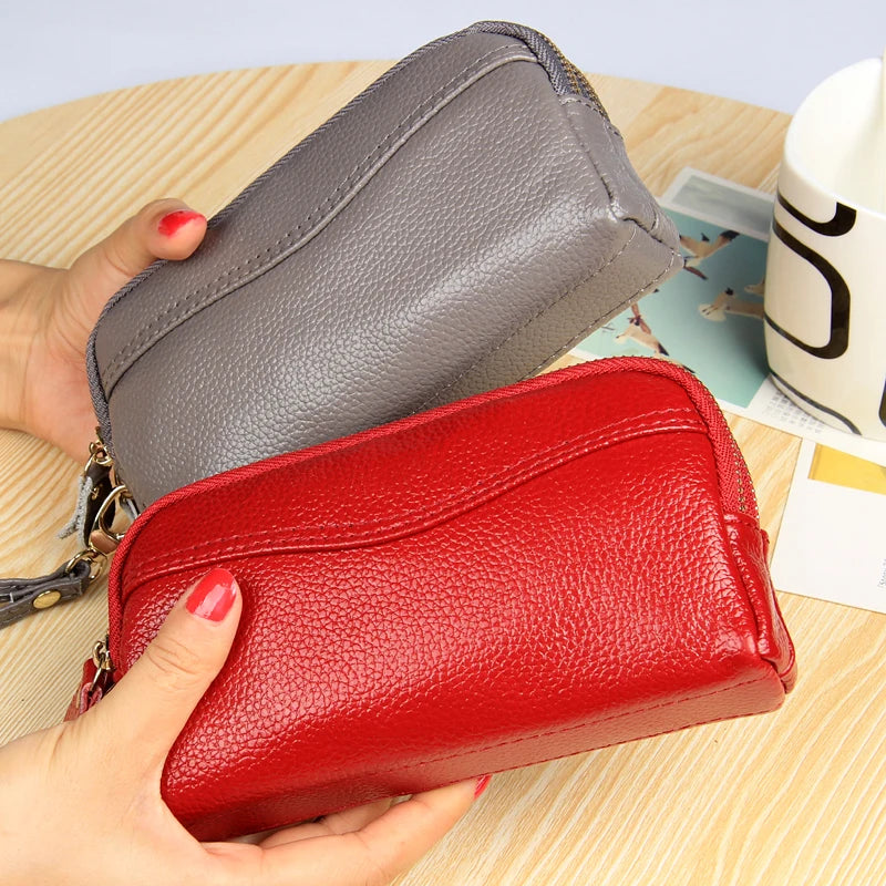 Women Leather Clutch Bag Double Zipper Solid Cow Leather Clutch
