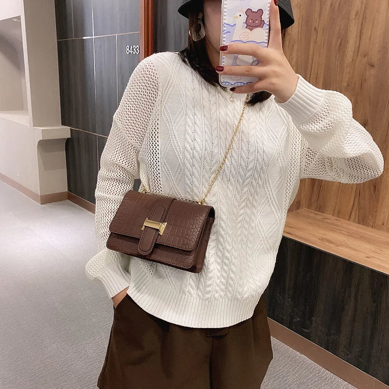 Stone Grain Women Chain Shoulder Bags Vintage PU Leather Crossbody Messenger Han