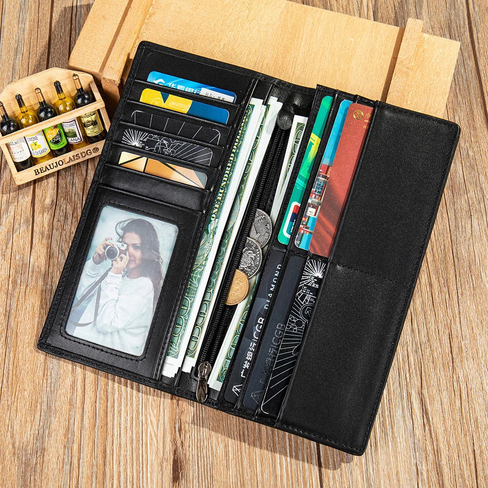 Men's Long Leather Wallet Cowhide Bamboo Embossed Coin Purse