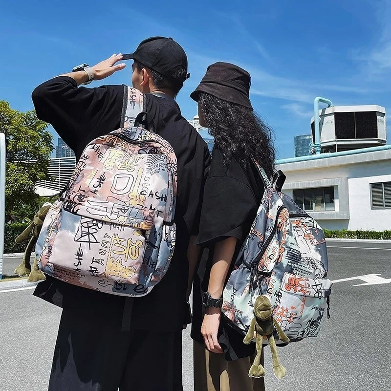 Large-Capacity Nylon Waterproof Backpack for Students, Graffiti Design
