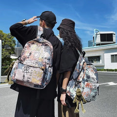 Large-Capacity Nylon Waterproof Backpack for Students, Graffiti Design