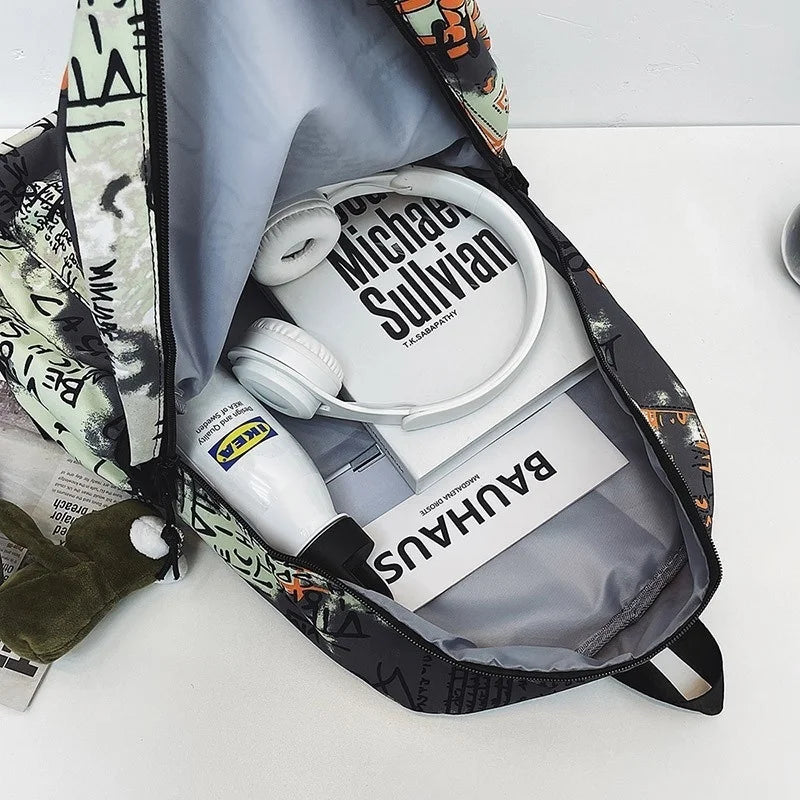 Large-Capacity Nylon Waterproof Backpack for Students, Graffiti Design