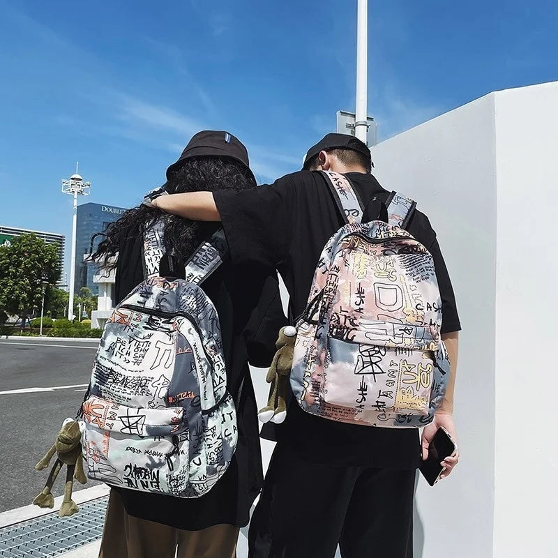 Large-Capacity Nylon Waterproof Backpack for Students, Graffiti Design