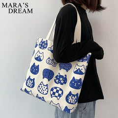 Mara's Dream Women Canvas Bags Cat Print Tote Shopping Bags