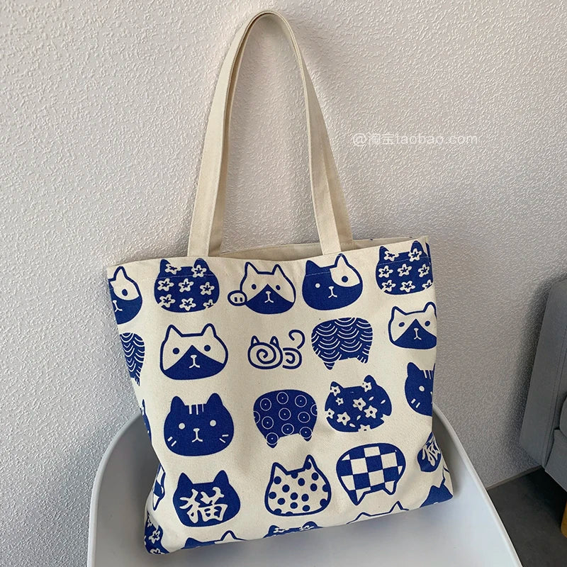Mara's Dream Women Canvas Bags Cat Print Tote Shopping Bags