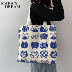 Mara's Dream Women Canvas Bags Cat Print Tote Shopping Bags