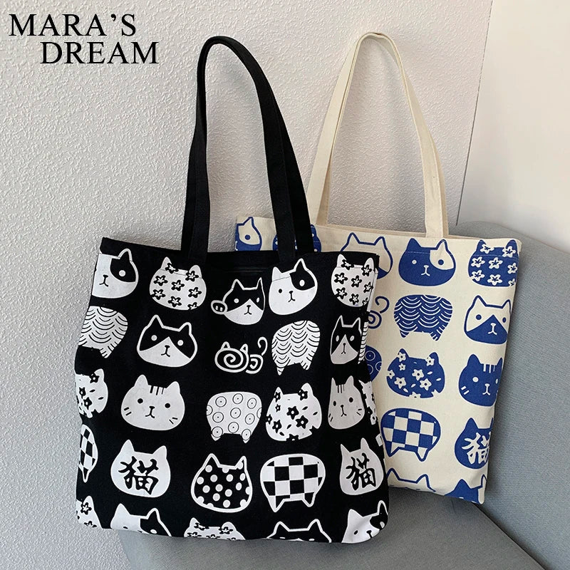 Mara's Dream Women Canvas Bags Cat Print Tote Shopping Bags
