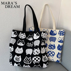 Mara's Dream Women Canvas Bags Cat Print Tote Shopping Bags
