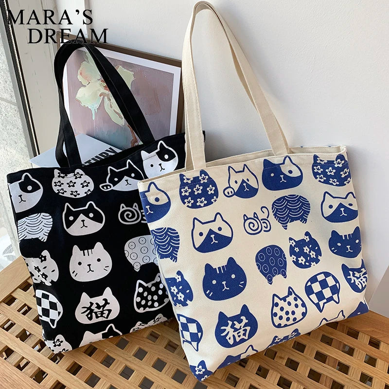 Mara's Dream Women Canvas Bags Cat Print Tote Shopping Bags