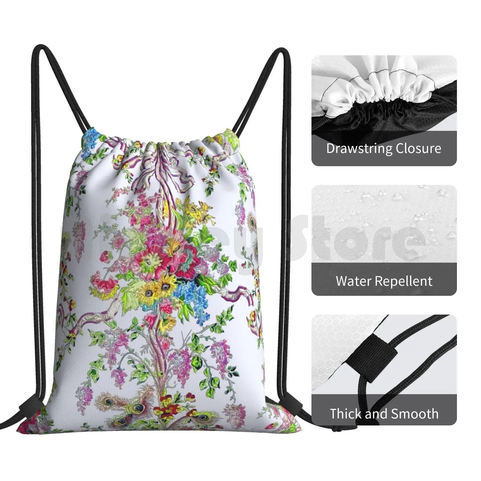 Marie Antoinette Boudoir Backpack Drawstring Bag Feathers Floral French