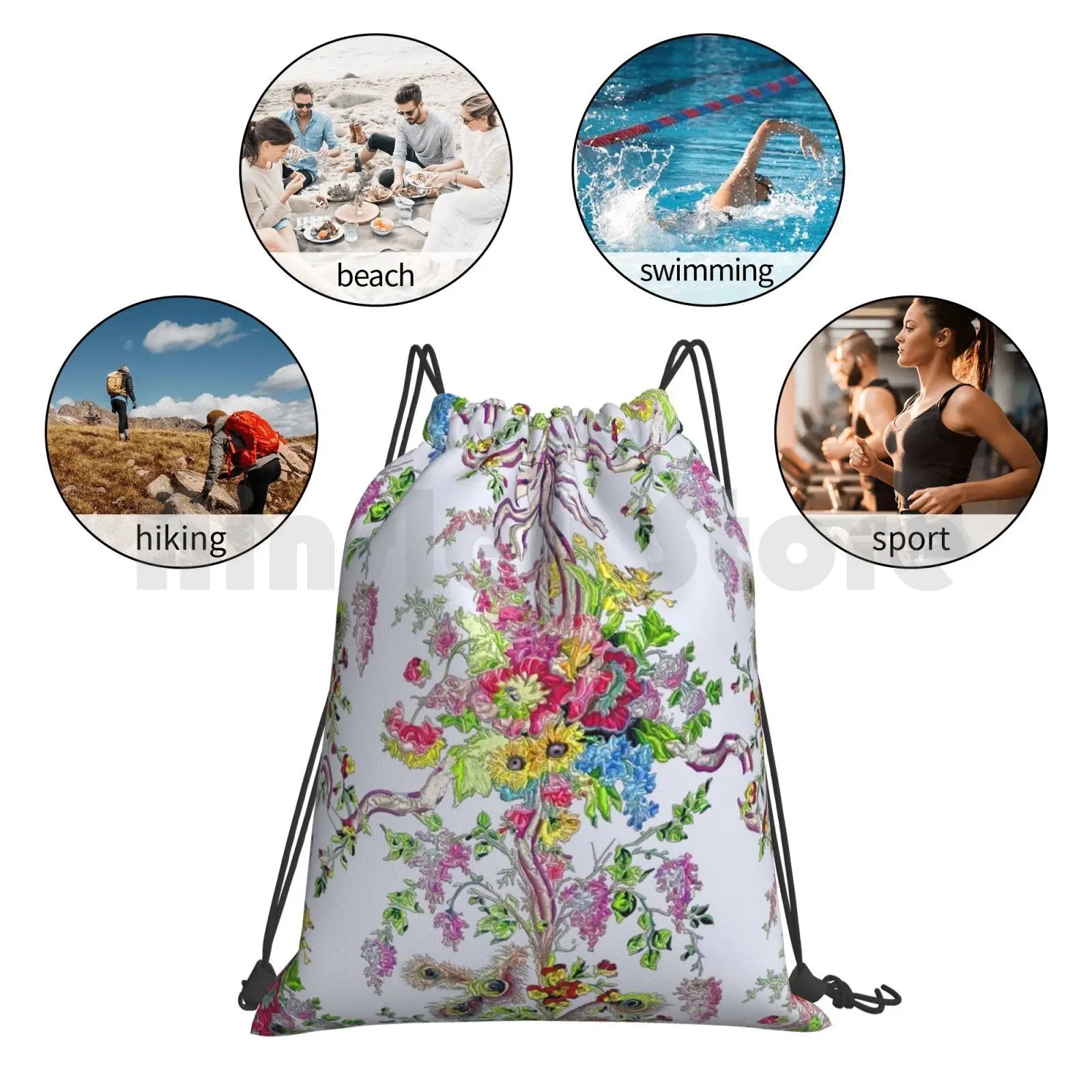 Marie Antoinette Boudoir Backpack Drawstring Bag Feathers Floral French
