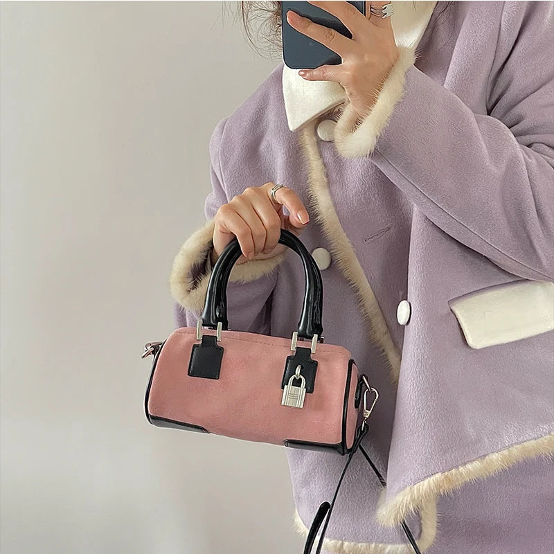 Matte Leather Women's Shoulder Bag Pink Clutch Handbag Lock Cylinder