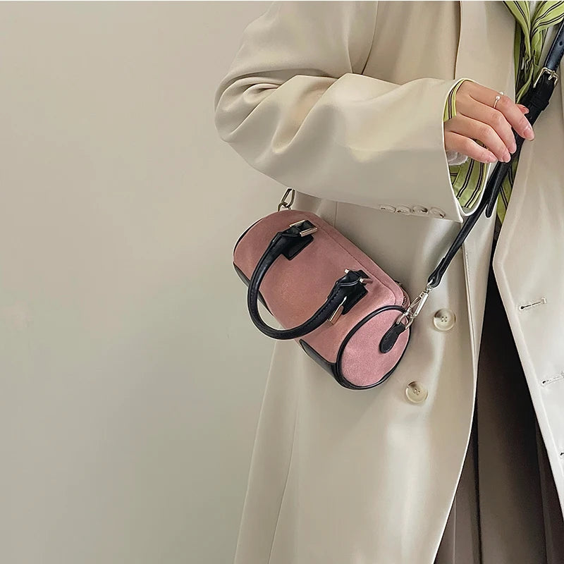 Matte Leather Women's Shoulder Bag Pink Clutch Handbag Lock Cylinder